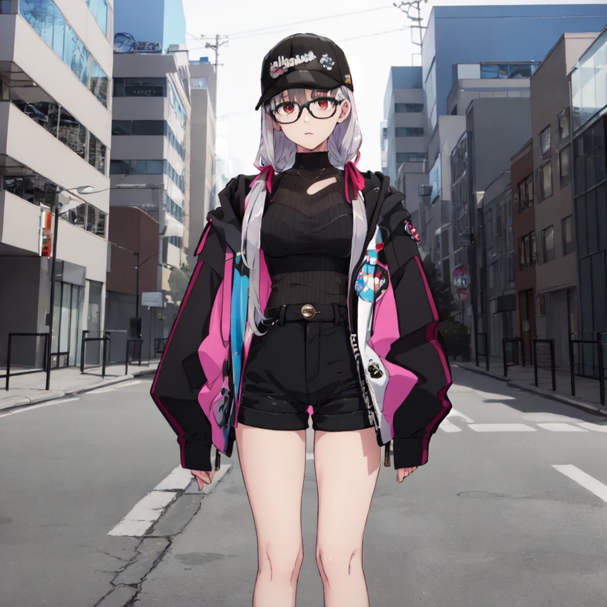tour_outfit,kama,long_hair,glasses,black_cap,jacket, on the street, day,best quality,masterpiece,<lyco:kama_v4:1.0>,colorf...